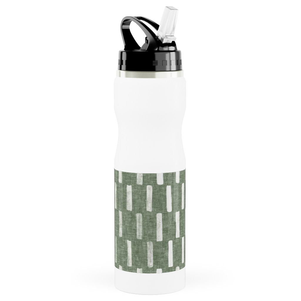Block Print Dash - Sage Stainless Steel Water Bottle with Straw, 25oz, With Straw, Green