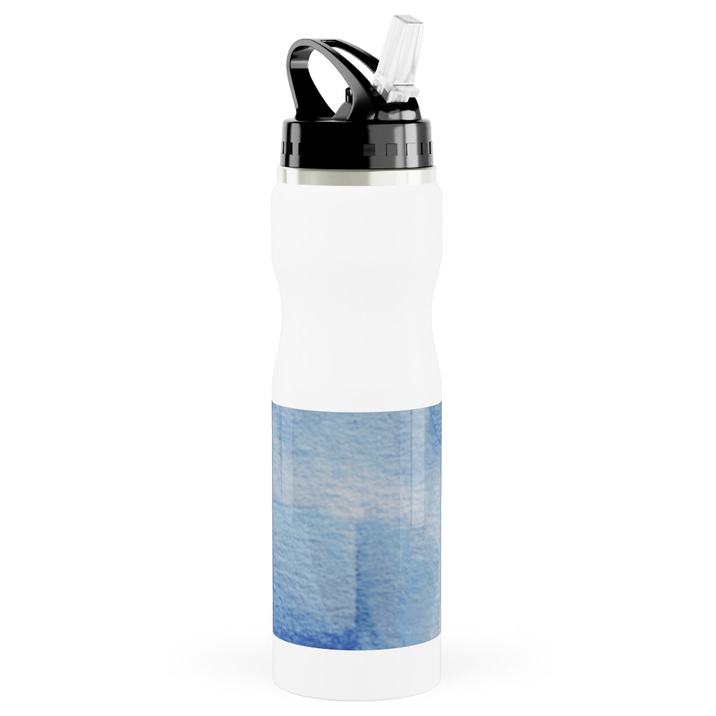 Watercolor Rorscharch - Blue Stainless Steel Water Bottle with Straw, 25oz, With Straw, Blue