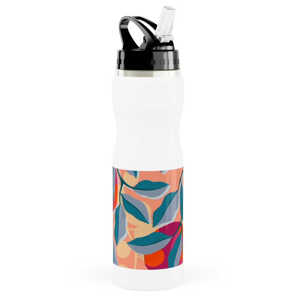 Retro Pomegranate- Pink and Blue Stainless Steel Water Bottle with Straw, 25oz, With Straw, Multicolor