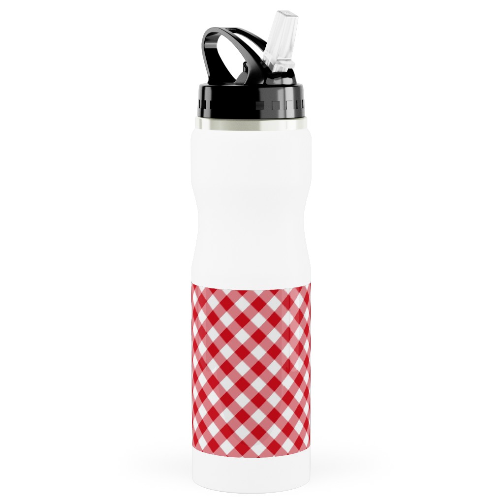 Diagonal Gingham - Red and White Stainless Steel Water Bottle with Straw, 25oz, With Straw, Red