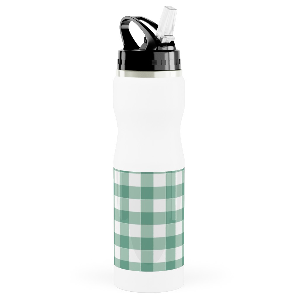 Simple Gingham Stainless Steel Water Bottle with Straw, 25oz, With Straw, Green