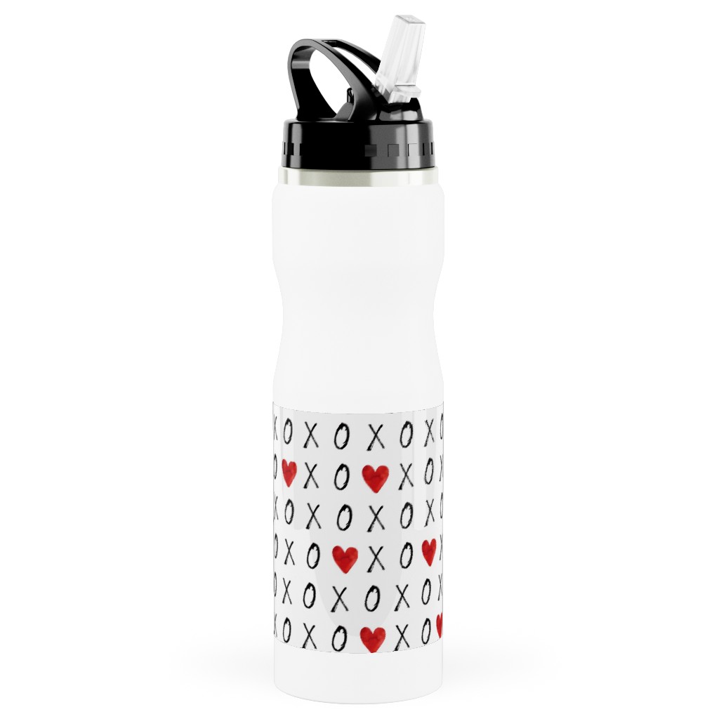 Mini Xoxo With Hearts - White Stainless Steel Water Bottle with Straw, 25oz, With Straw, Red