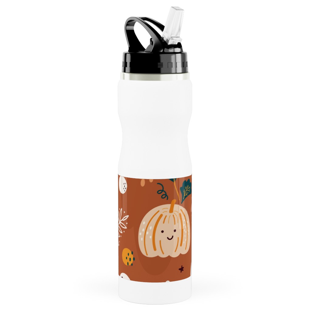 Autumn Pattern - Orange Stainless Steel Water Bottle with Straw, 25oz, With Straw, Orange