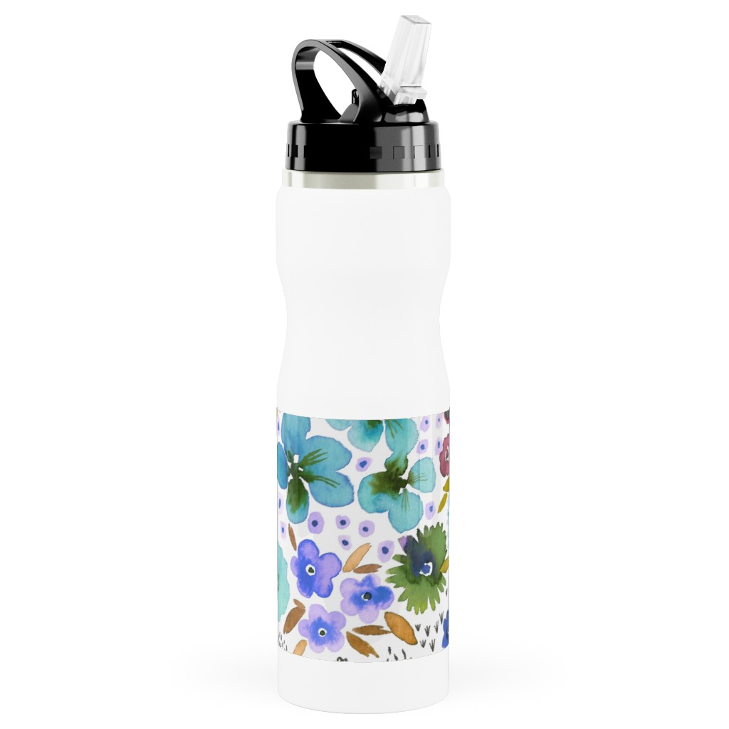 Artful Little Flowers - Multi Stainless Steel Water Bottle with Straw, 25oz, With Straw, Multicolor
