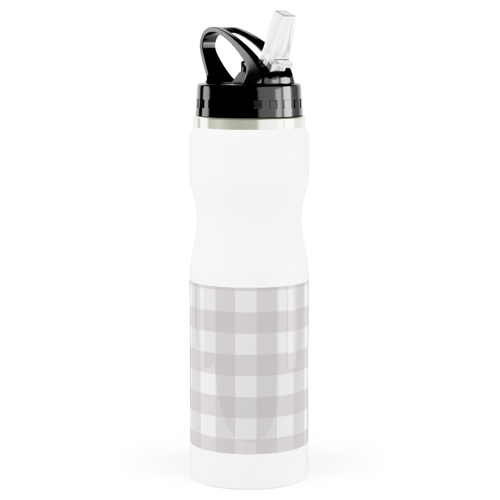 Gingham Check Stainless Steel Water Bottle with Straw, 25oz, With Straw, Gray