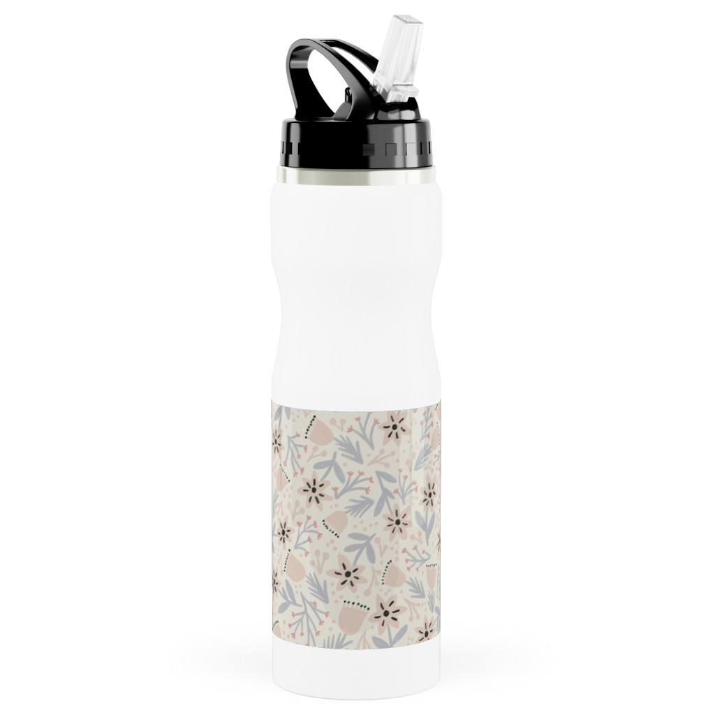 Vintage Flowers - Pastel Pink Stainless Steel Water Bottle with Straw, 25oz, With Straw, Beige