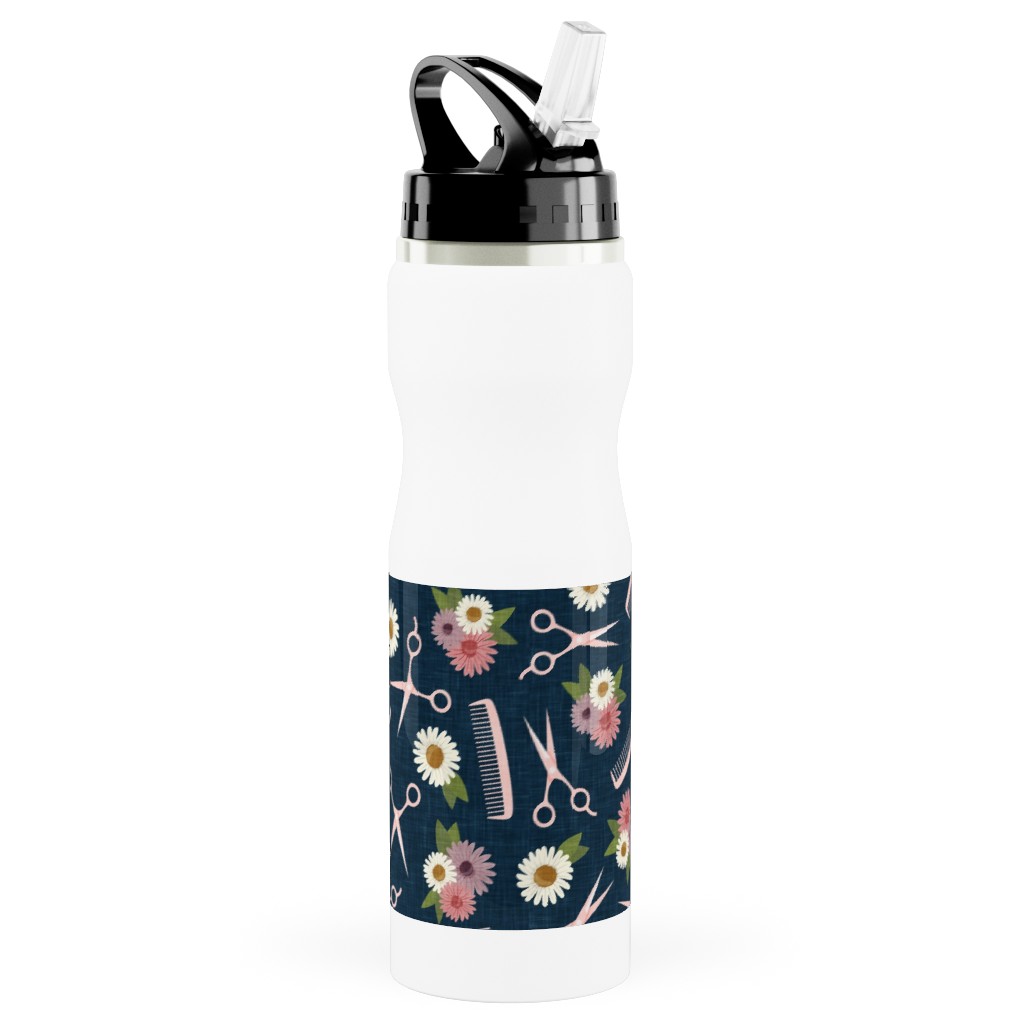 Floral Shears and Combs - Pink & Blue Stainless Steel Water Bottle with Straw, 25oz, With Straw, Pink