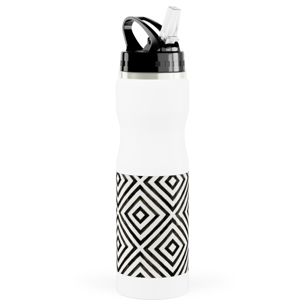 Diamond Pattern - Black and White Stainless Steel Water Bottle with Straw, 25oz, With Straw, Black