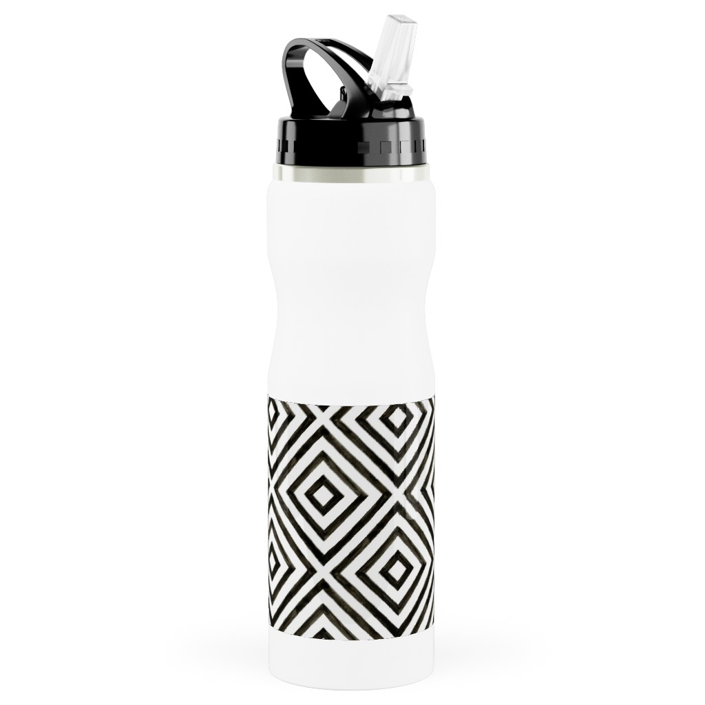 Diamond Pattern - Black and White Stainless Steel Water Bottle with Straw, 25oz, With Straw, Black, Black