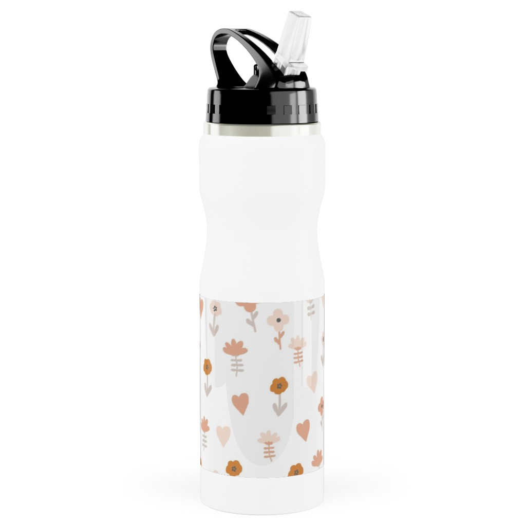 Wild Flowers - Boho - Neutral on White Stainless Steel Water Bottle with Straw, 25oz, With Straw, Pink