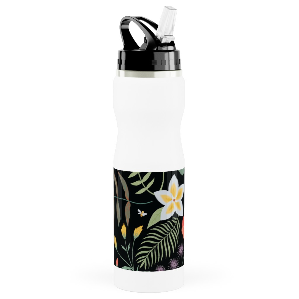 Hawaii Floral - Black Stainless Steel Water Bottle with Straw, 25oz, With Straw, Multicolor