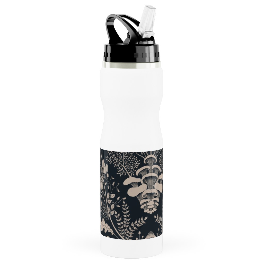 Mushroom Forest Damask - Dark Stainless Steel Water Bottle with Straw, 25oz, With Straw, Black