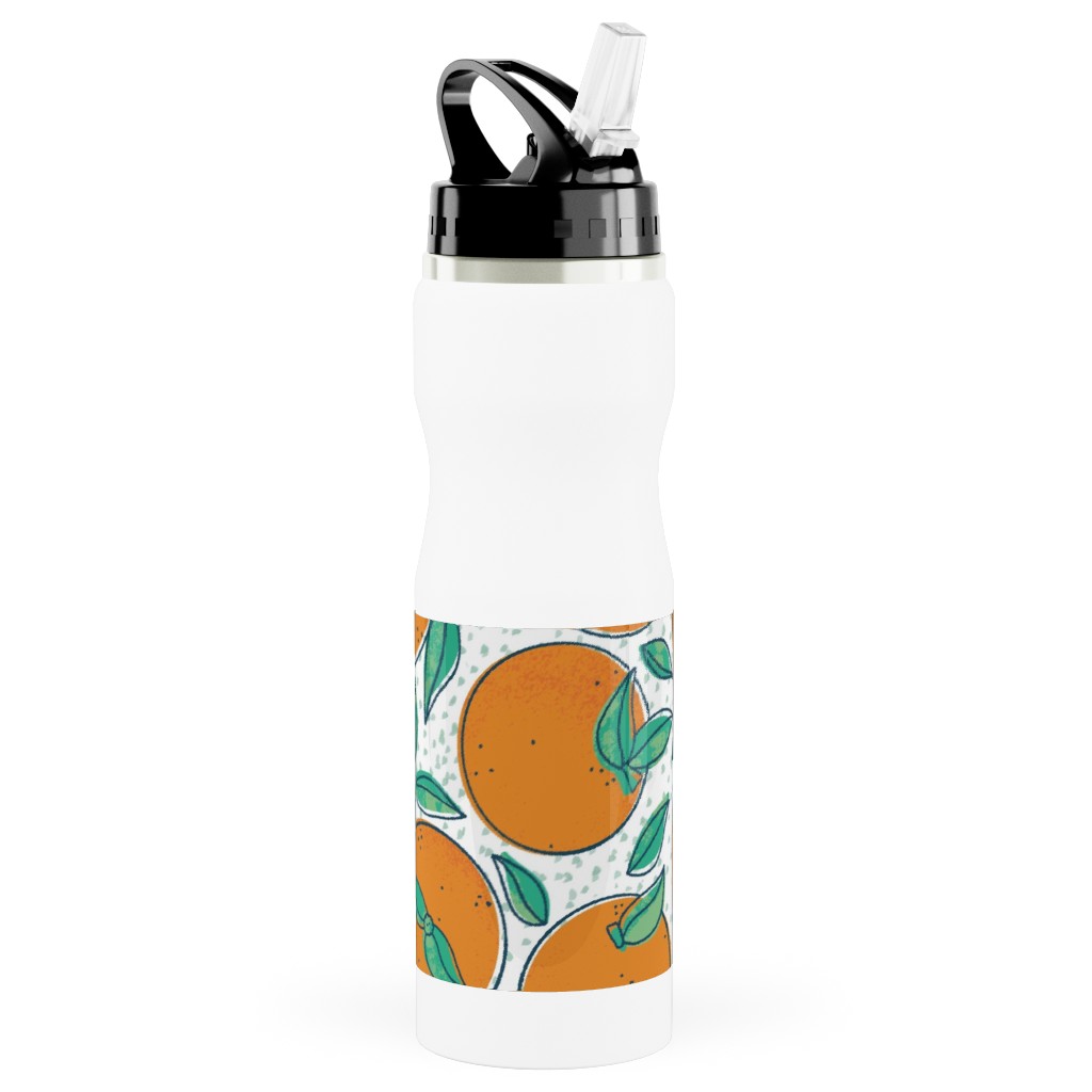 Oranges With Leaves on White Stainless Steel Water Bottle with Straw, 25oz, With Straw, Orange
