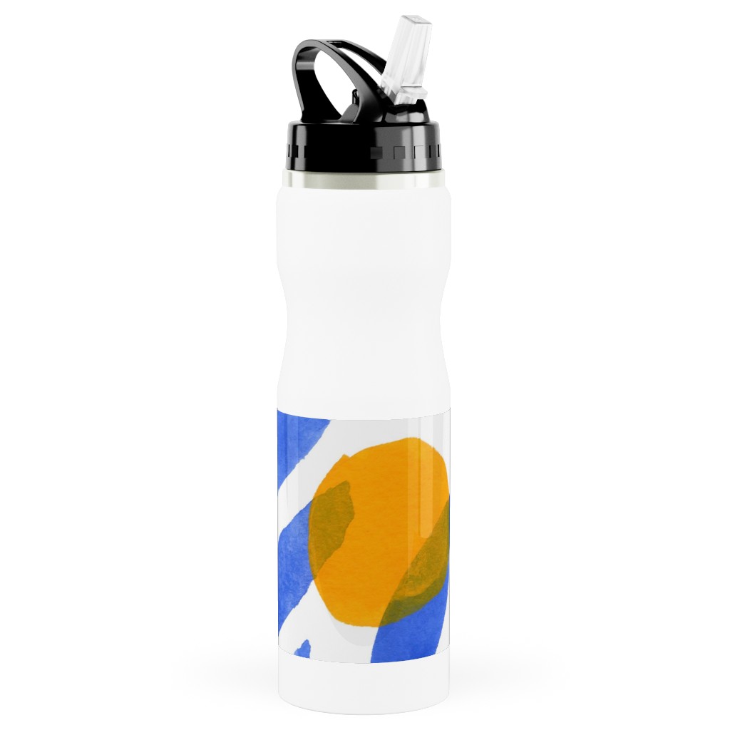 Modern Lemons Block - Blue and Orange Stainless Steel Water Bottle with Straw, 25oz, With Straw, Blue