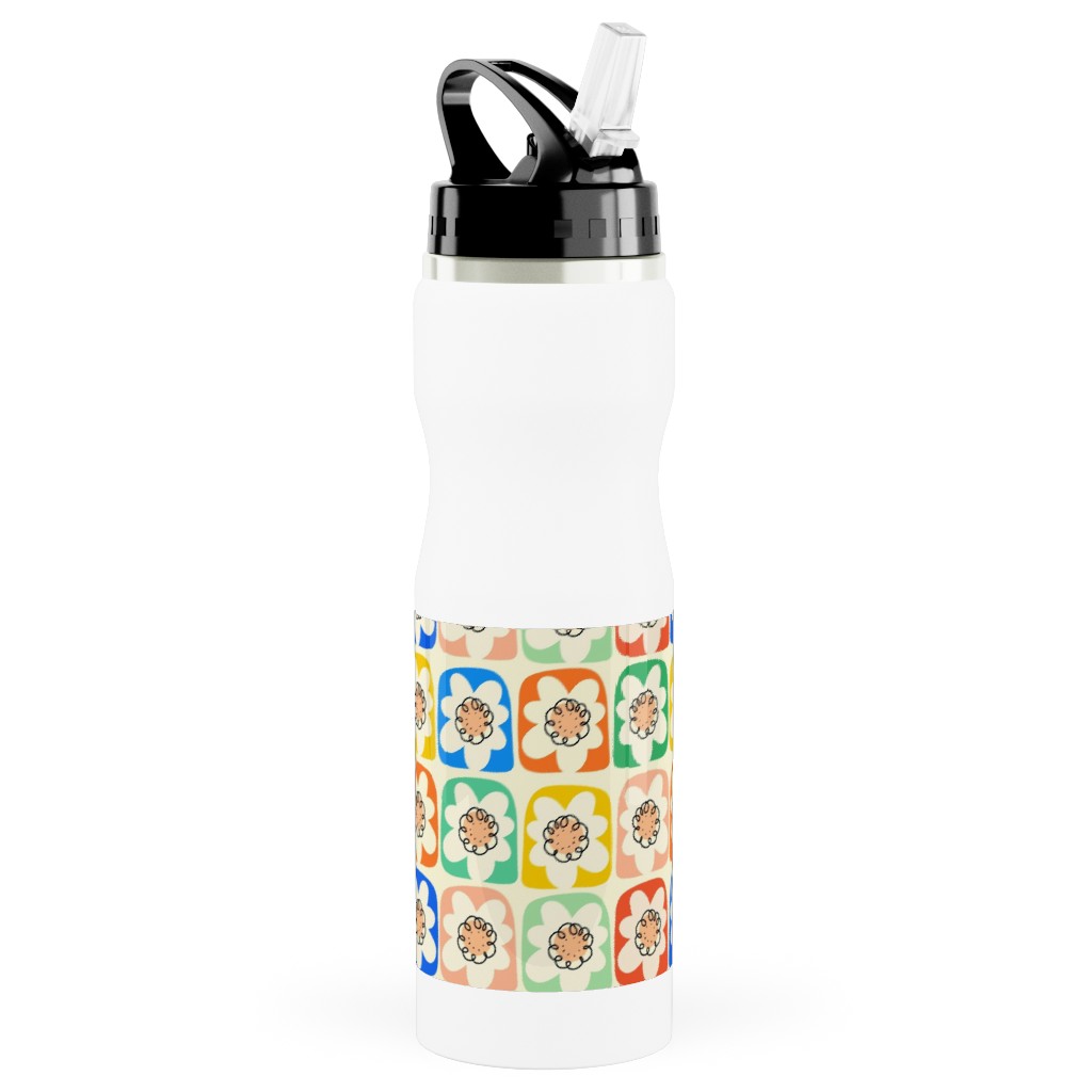 Abstract Retro Flower Doodle Squares - Multi Stainless Steel Water Bottle with Straw, 25oz, With Straw, Multicolor