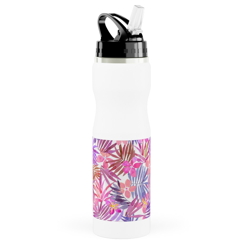 Watercolor Tropical Vibes - Pink Stainless Steel Water Bottle with Straw, 25oz, With Straw, Pink, Bright Pink