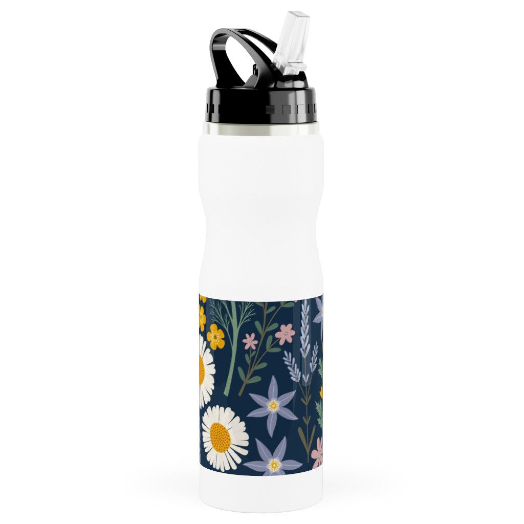 British Spring Meadow - Navy Stainless Steel Water Bottle with Straw, 25oz, With Straw, Multicolor