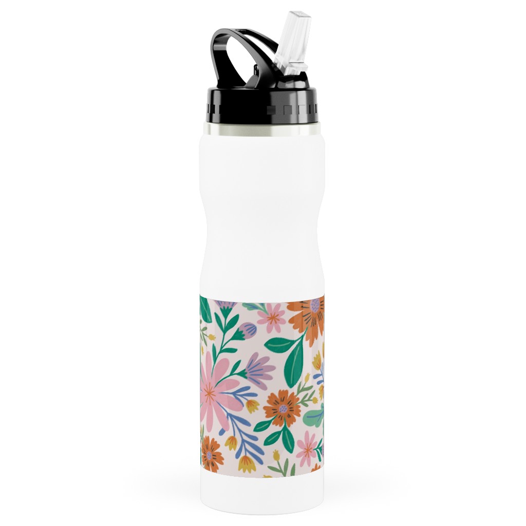 Happy Flowers - Pink Multi Stainless Steel Water Bottle with Straw, 25oz, With Straw, Pink, Bright Pink