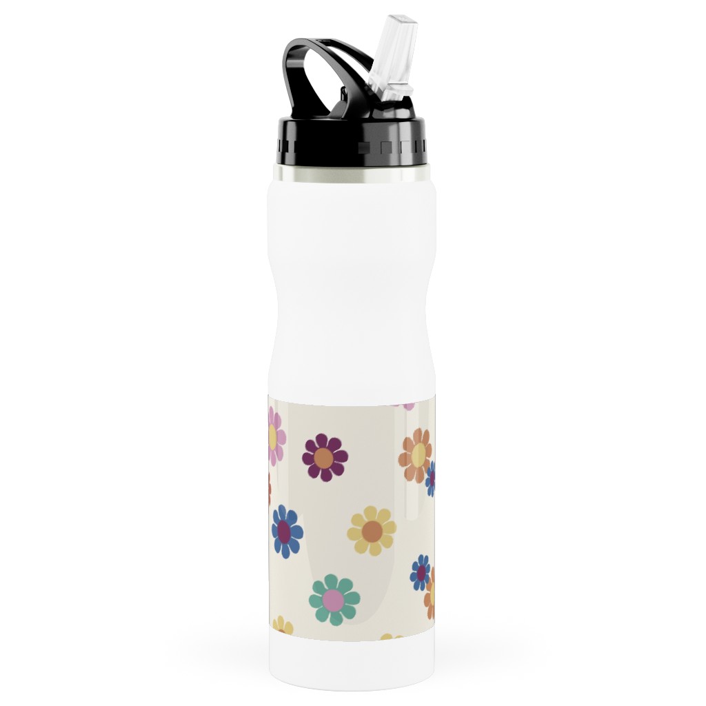 Rainbow Groovy Flowers Stainless Steel Water Bottle with Straw, 25oz, With Straw, Multicolor, Antique White