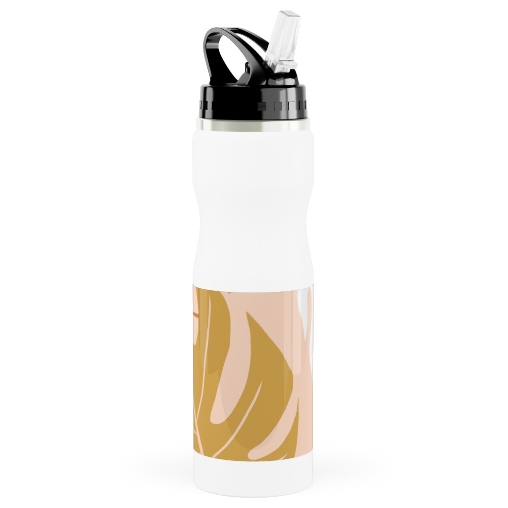 Paradiso - Tropical Palm Fronds - Golden Blush Stainless Steel Water Bottle with Straw, 25oz, With Straw, Pink, Bright Pink