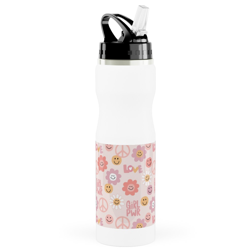 Happy Girl Power - Pink Stainless Steel Water Bottle with Straw, 25oz, With Straw, Pink