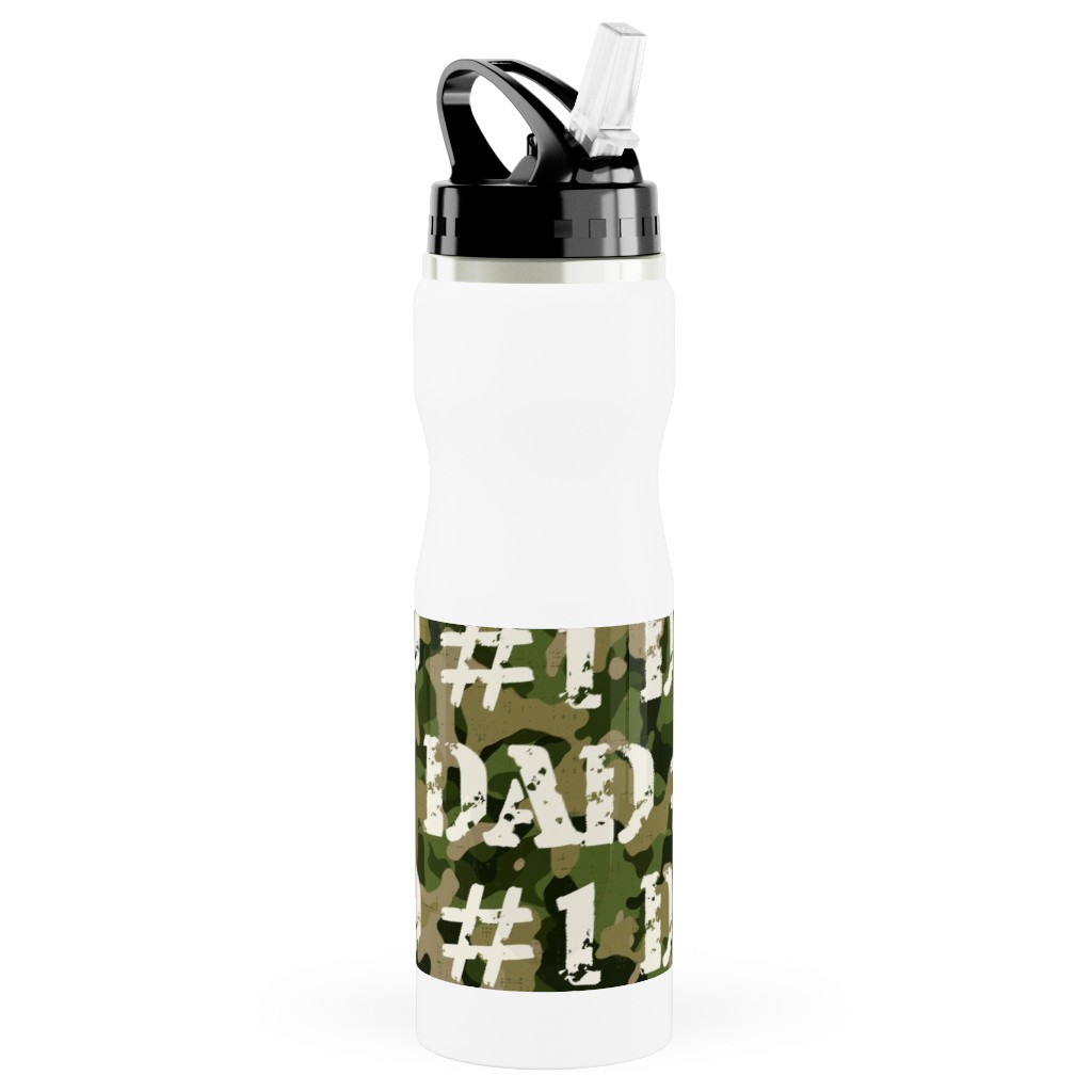 Number One Dad - Green Camo Stainless Steel Water Bottle with Straw, 25oz, With Straw, Green