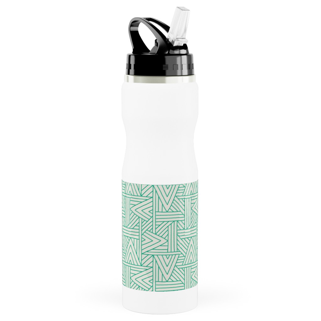 Angles - Green on White Stainless Steel Water Bottle with Straw, 25oz, With Straw, Green
