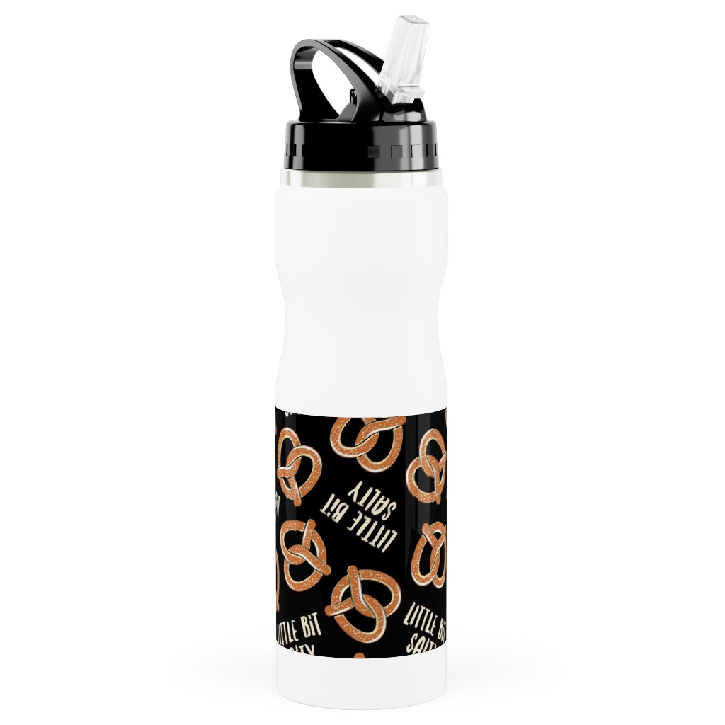 Little Bit Salty - Pretzels - Black Stainless Steel Water Bottle with Straw, 25oz, With Straw, Black, Black