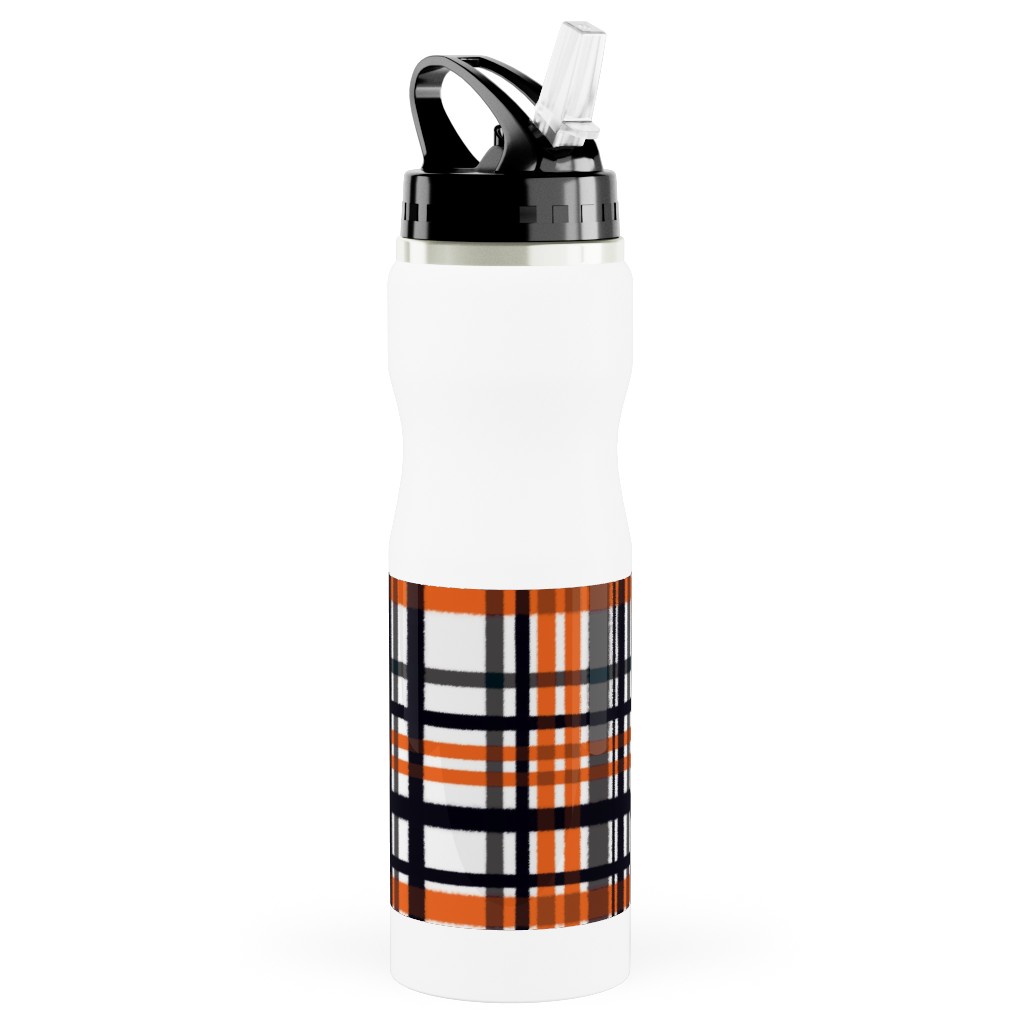 Intricate Plaid Stainless Steel Water Bottle with Straw, 25oz, With Straw, Orange, Charcoal