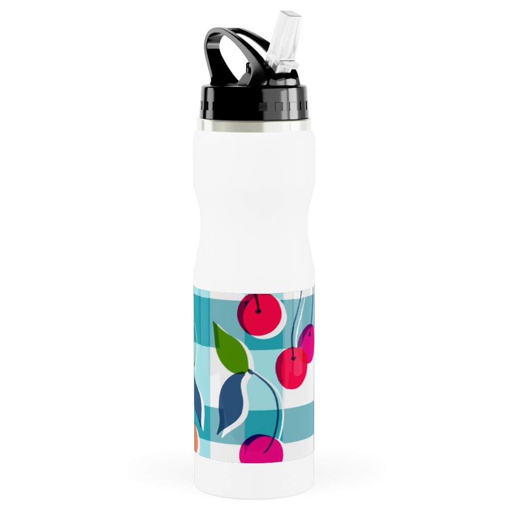 Cherry Gingham - Blue Stainless Steel Water Bottle with Straw, 25oz, With Straw, Blue