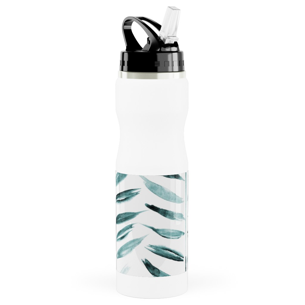 Leaves Herringbone - Watercolor Nature - Emerald Stainless Steel Water Bottle with Straw, 25oz, With Straw, Green