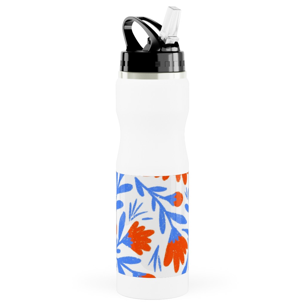 Floral Drop - Red and Blue Stainless Steel Water Bottle with Straw, 25oz, With Straw, Blue