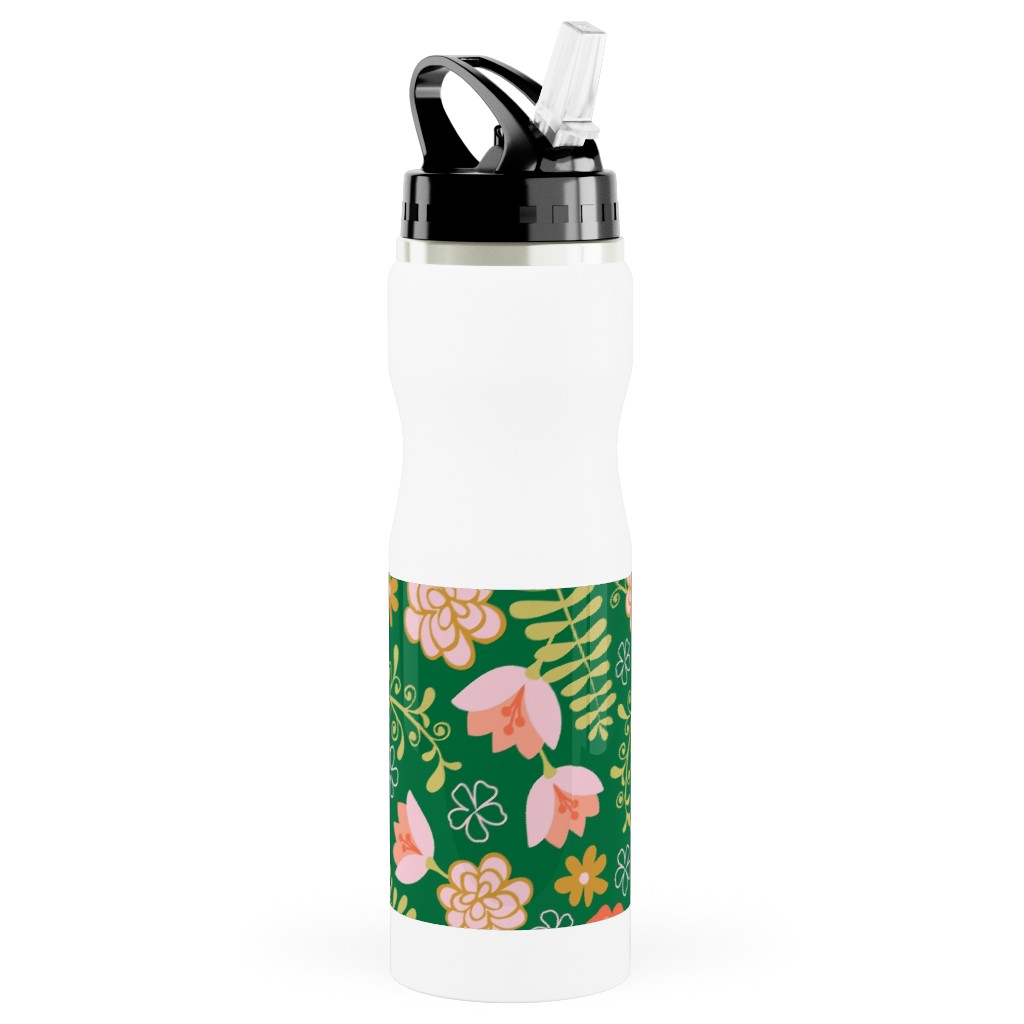 Fiesta Flowers - Green Stainless Steel Water Bottle with Straw, 25oz, With Straw, Green