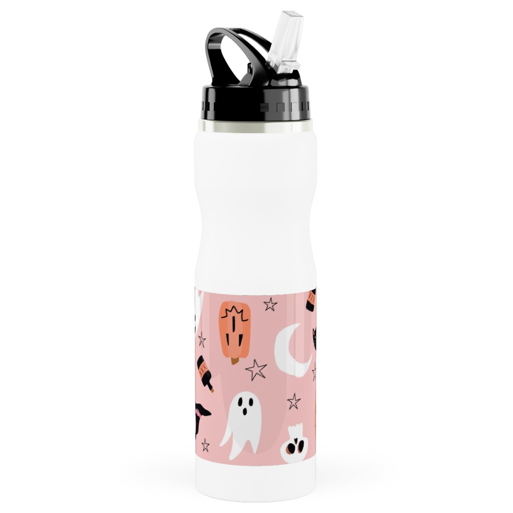 Sweet Halloween Pumpkin, Witch, Ghost, Cat Stainless Steel Water Bottle with Straw, 25oz, With Straw, Pink