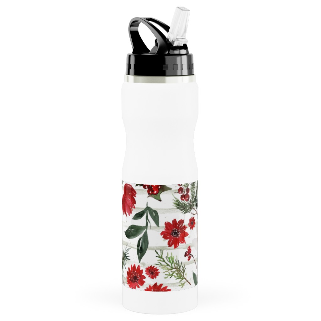 Jolly Christmas Florals - Mint Sage Stripes Stainless Steel Water Bottle with Straw, 25oz, With Straw, Multicolor