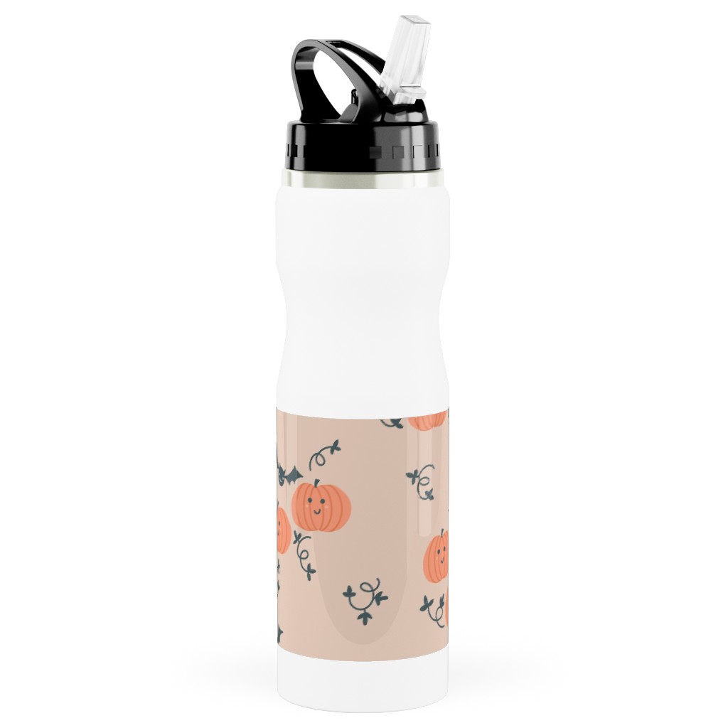 Cute Pumpkins and Bats - Orange and Black Stainless Steel Water Bottle with Straw, 25oz, With Straw, Orange