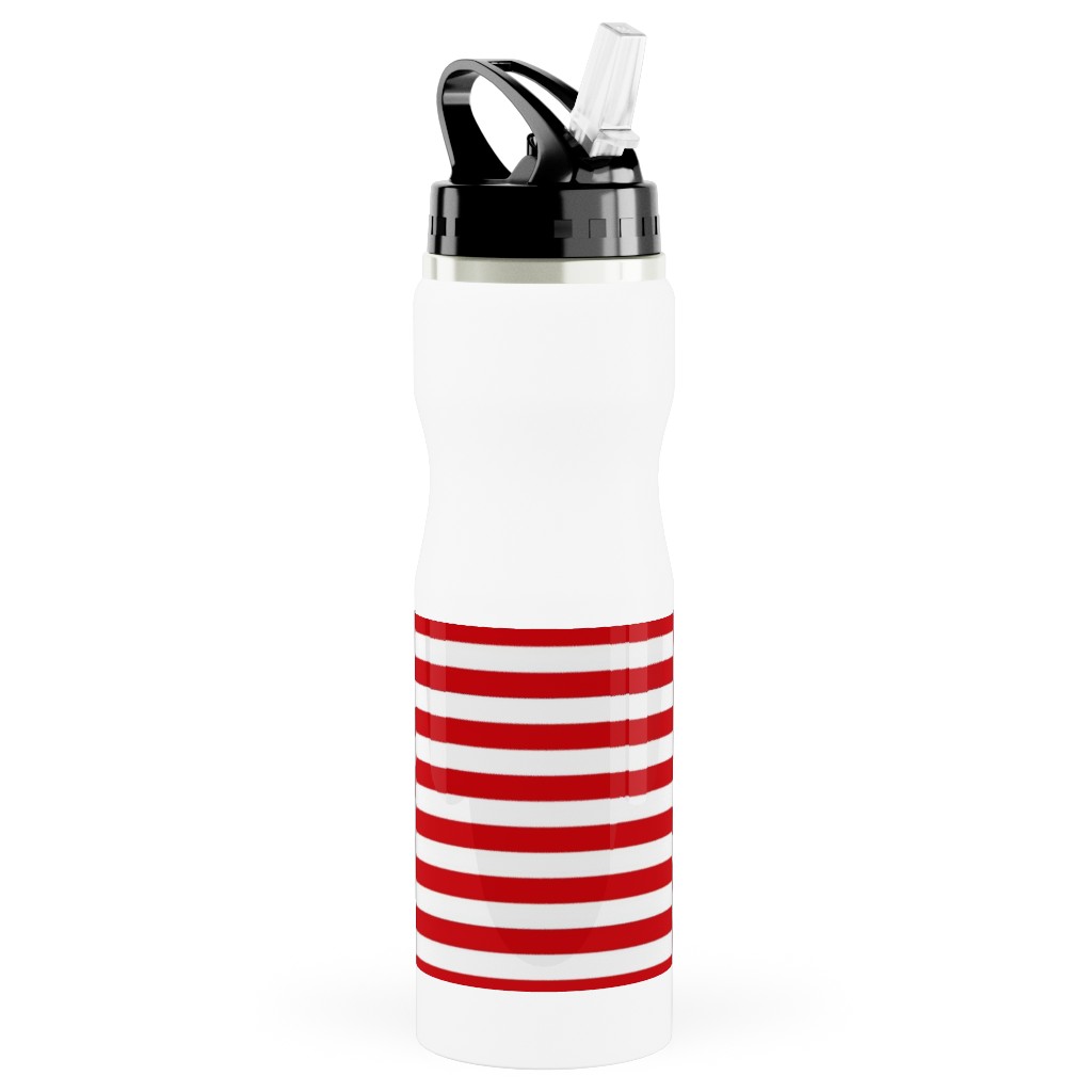 Horizontal Stripe Stainless Steel Water Bottle with Straw, 25oz, With Straw, Red