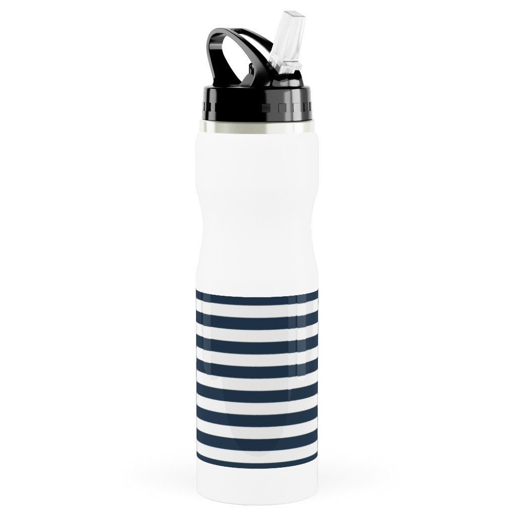 Horizontal Stripe Stainless Steel Water Bottle with Straw, 25oz, With Straw, Blue, Navy