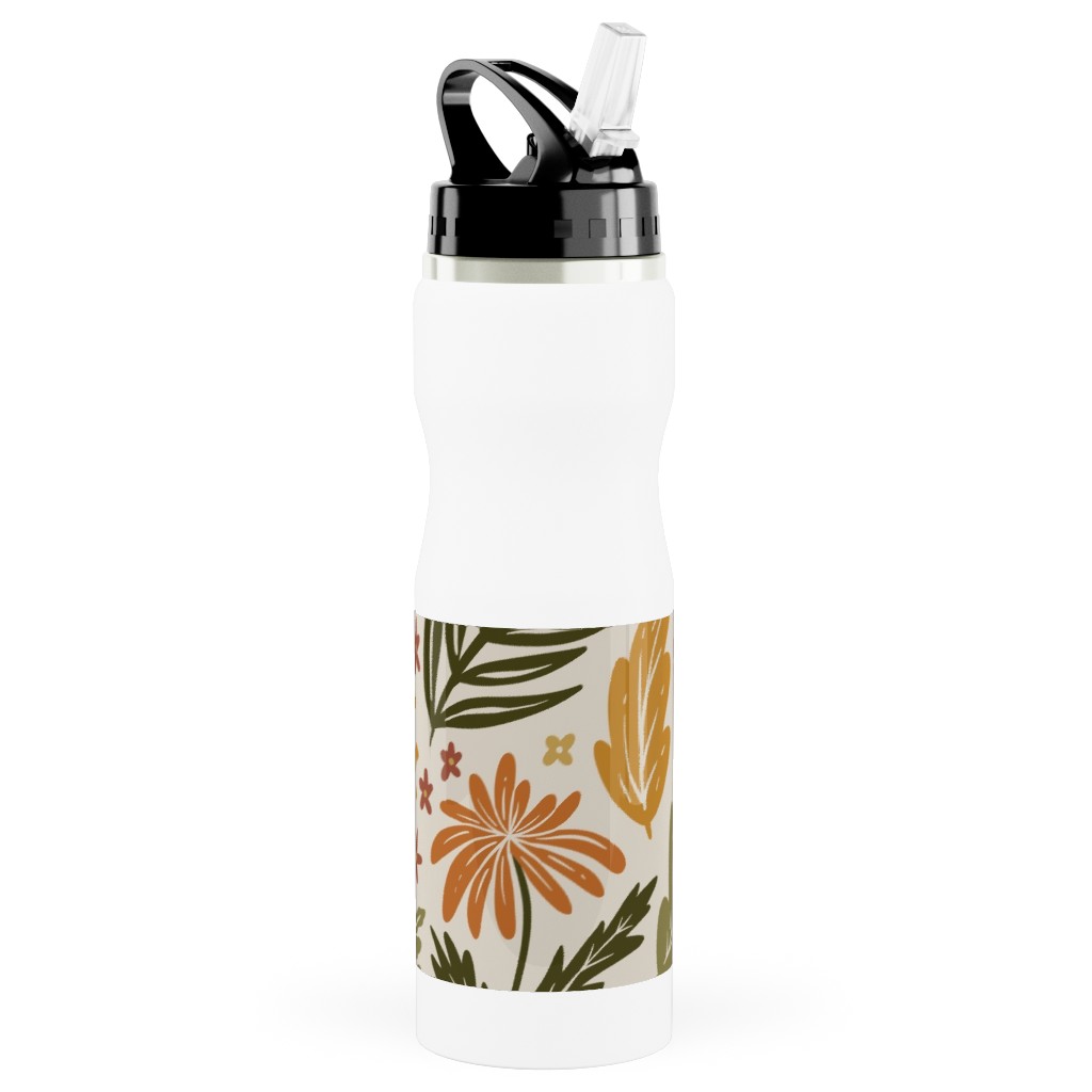 Autumn Botanicals - Leaves, Acorns, Sunflowers, Ferns, Mums, Pinecones, Mushrooms - Light Stainless Steel Water Bottle with Straw, 25oz, With Straw, Multicolor