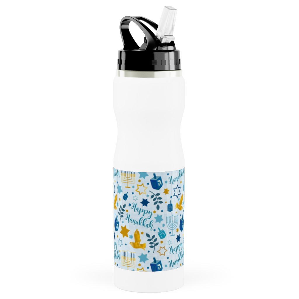 Happy Hanukkah - Blue Stainless Steel Water Bottle with Straw, 25oz, With Straw, Blue