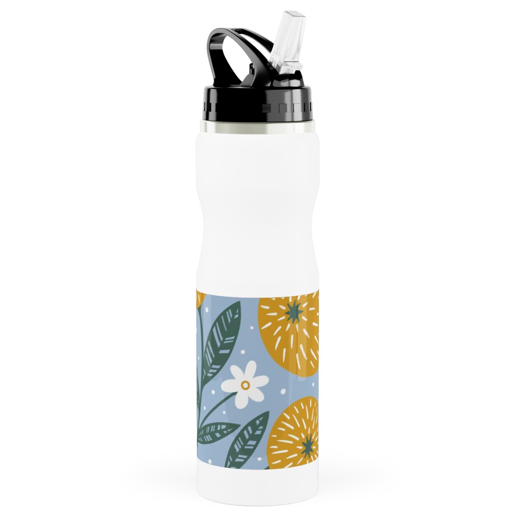 Orange Trees - Blue Stainless Steel Water Bottle with Straw, 25oz, With Straw, Blue
