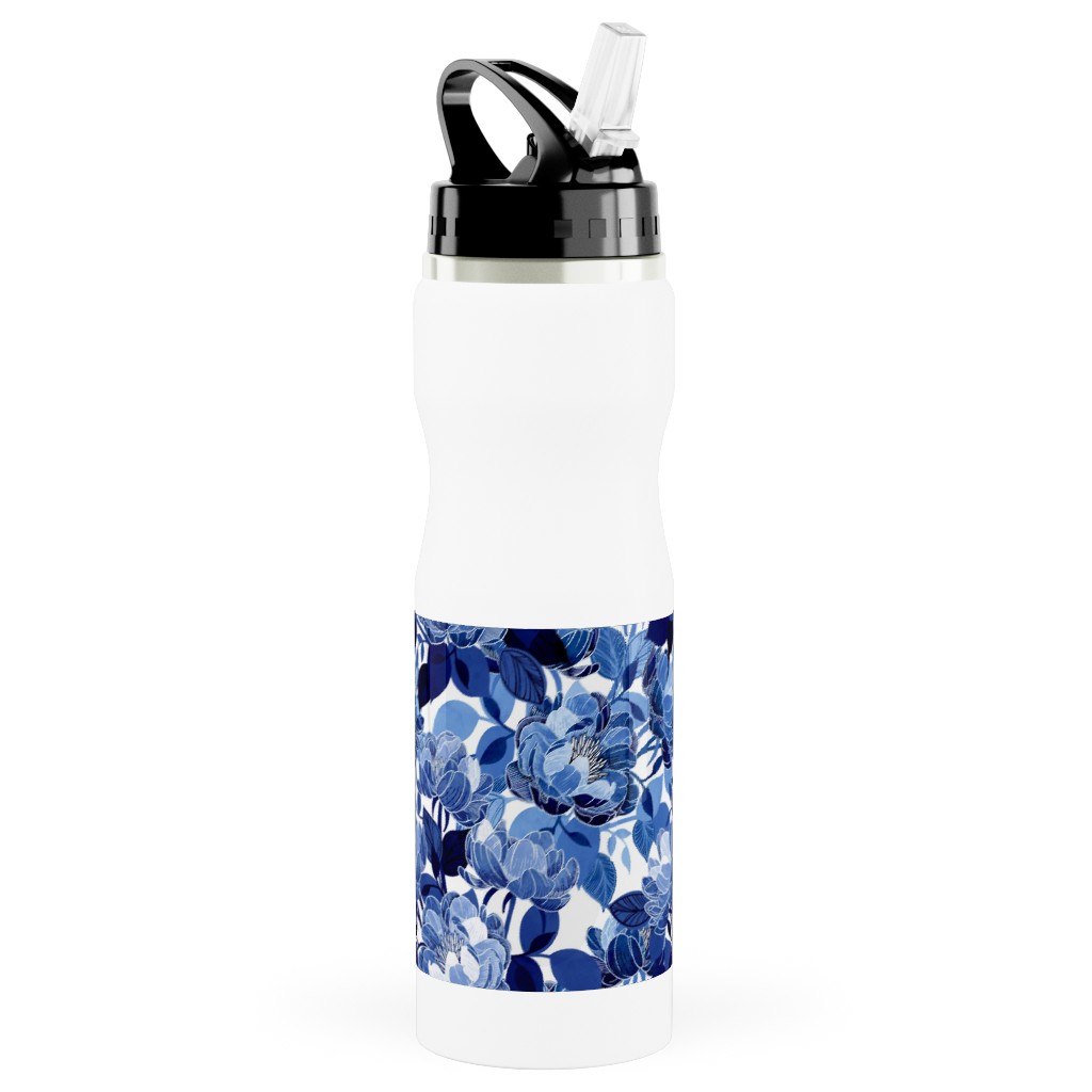 Chintz Peonies - Blue Stainless Steel Water Bottle with Straw, 25oz, With Straw, Blue