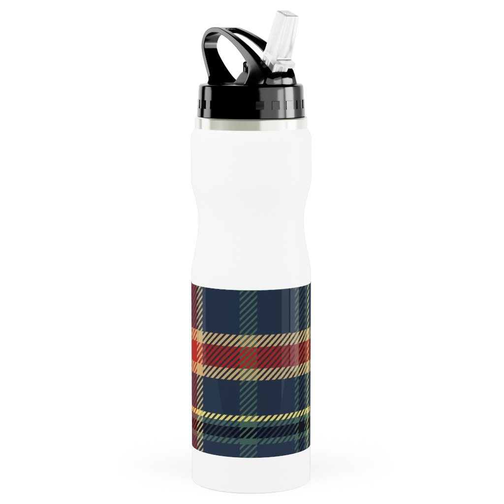 Navy Blue and Pine Plaid Stainless Steel Water Bottle with Straw, 25oz, With Straw, Multicolor