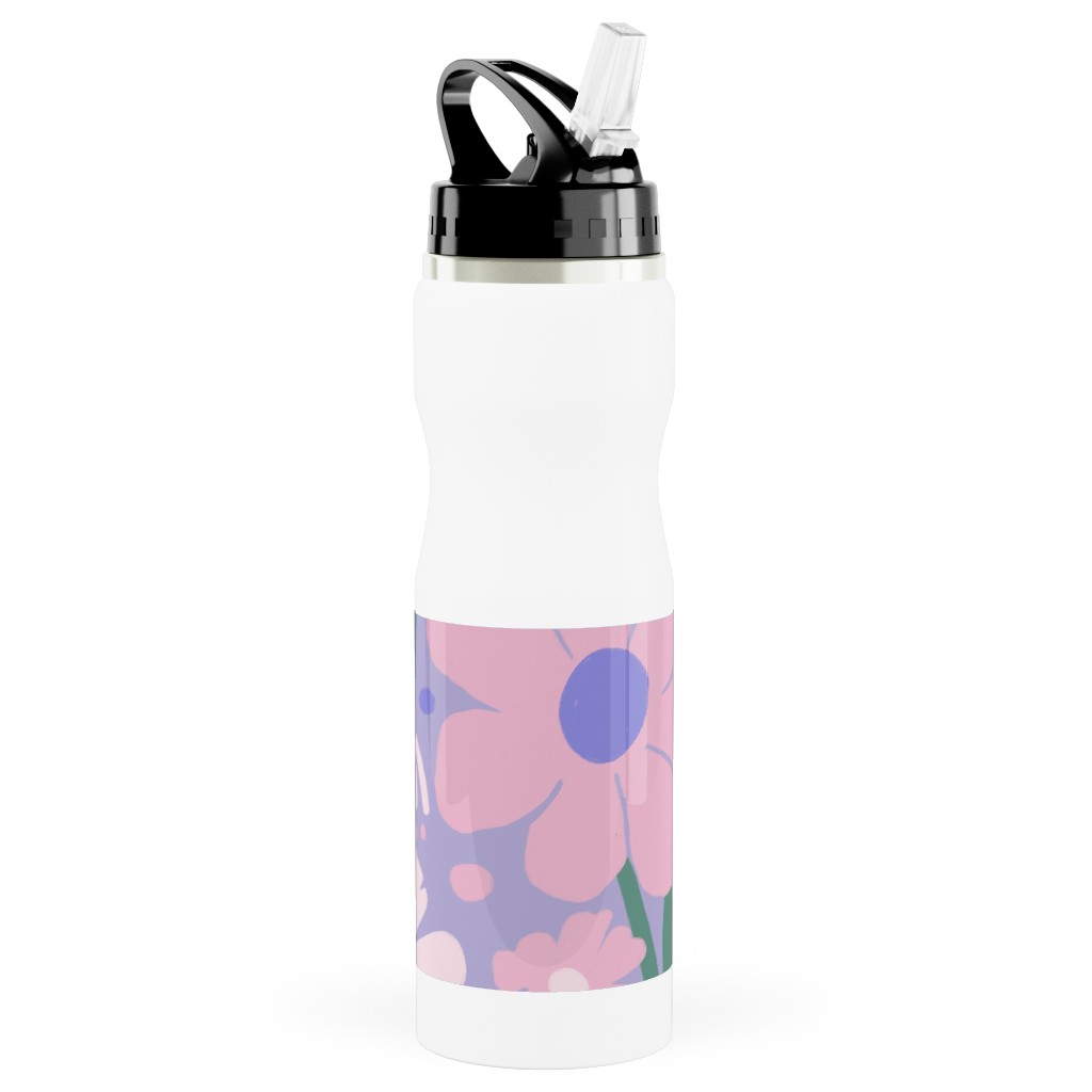 Blooming Garden on Lilac Stainless Steel Water Bottle with Straw, 25oz, With Straw, Purple