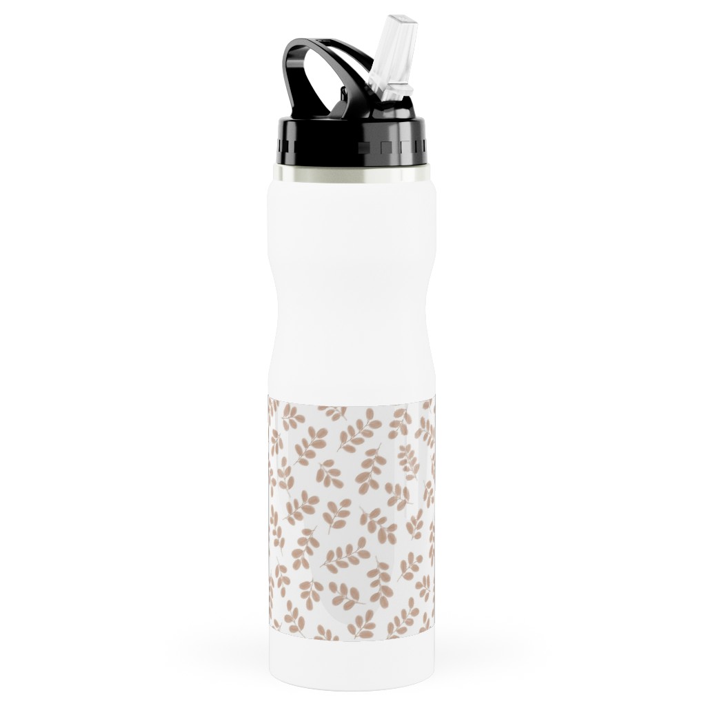 Whimsy Leaves - Dusty Stainless Steel Water Bottle with Straw, 25oz, With Straw, Beige, Pearl