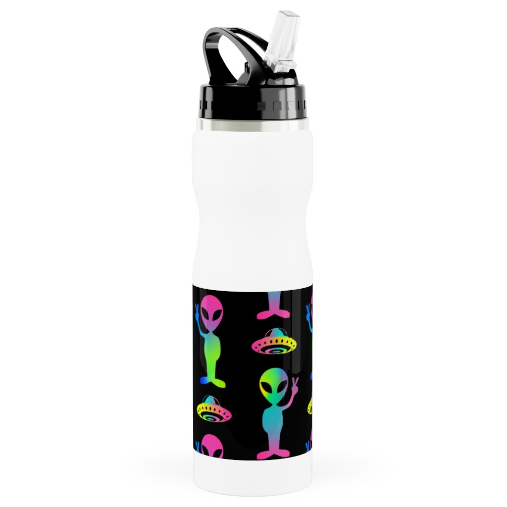 90's Rainbow Aliens and Ufos - Multi on Black Stainless Steel Water Bottle with Straw, 25oz, With Straw, Black, Black