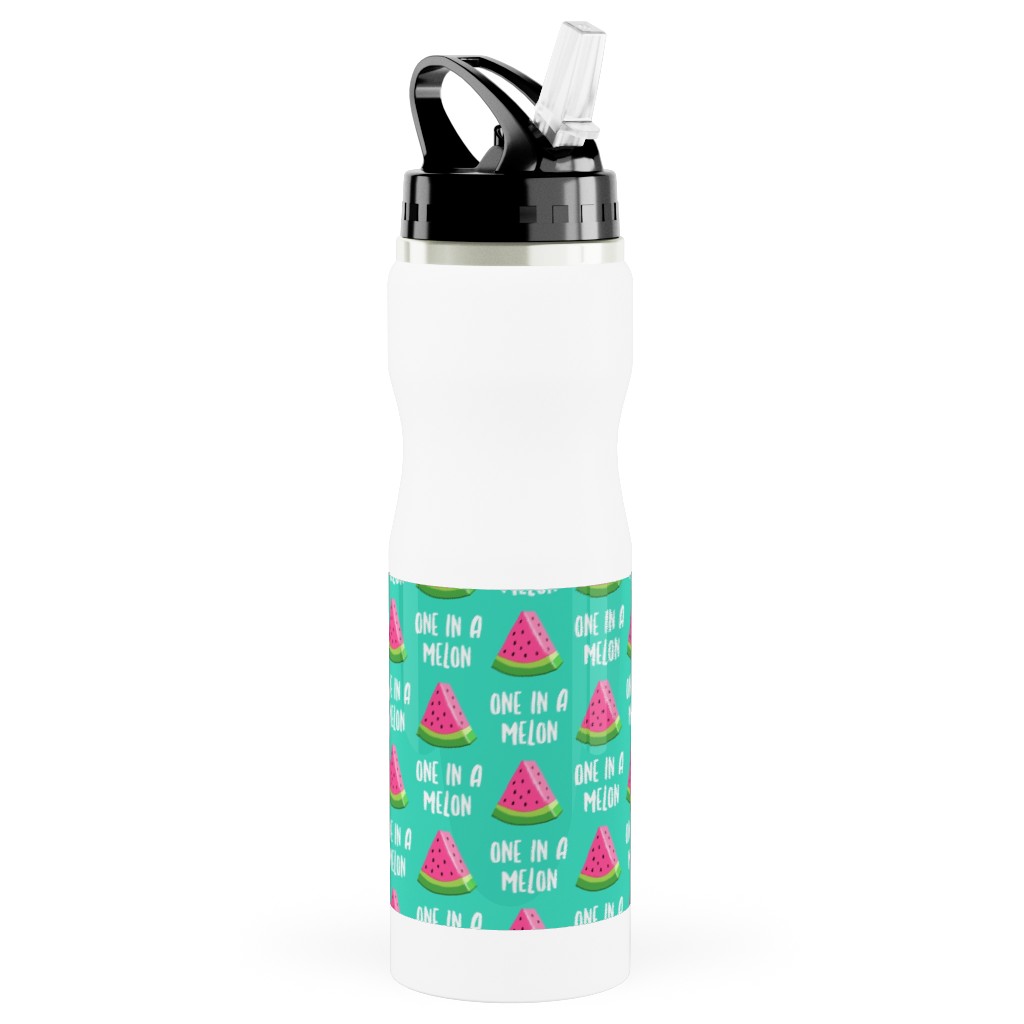 One in a Melon - Watermelon - Pink on Teal Stainless Steel Water Bottle with Straw, 25oz, With Straw, Green, Classic Green