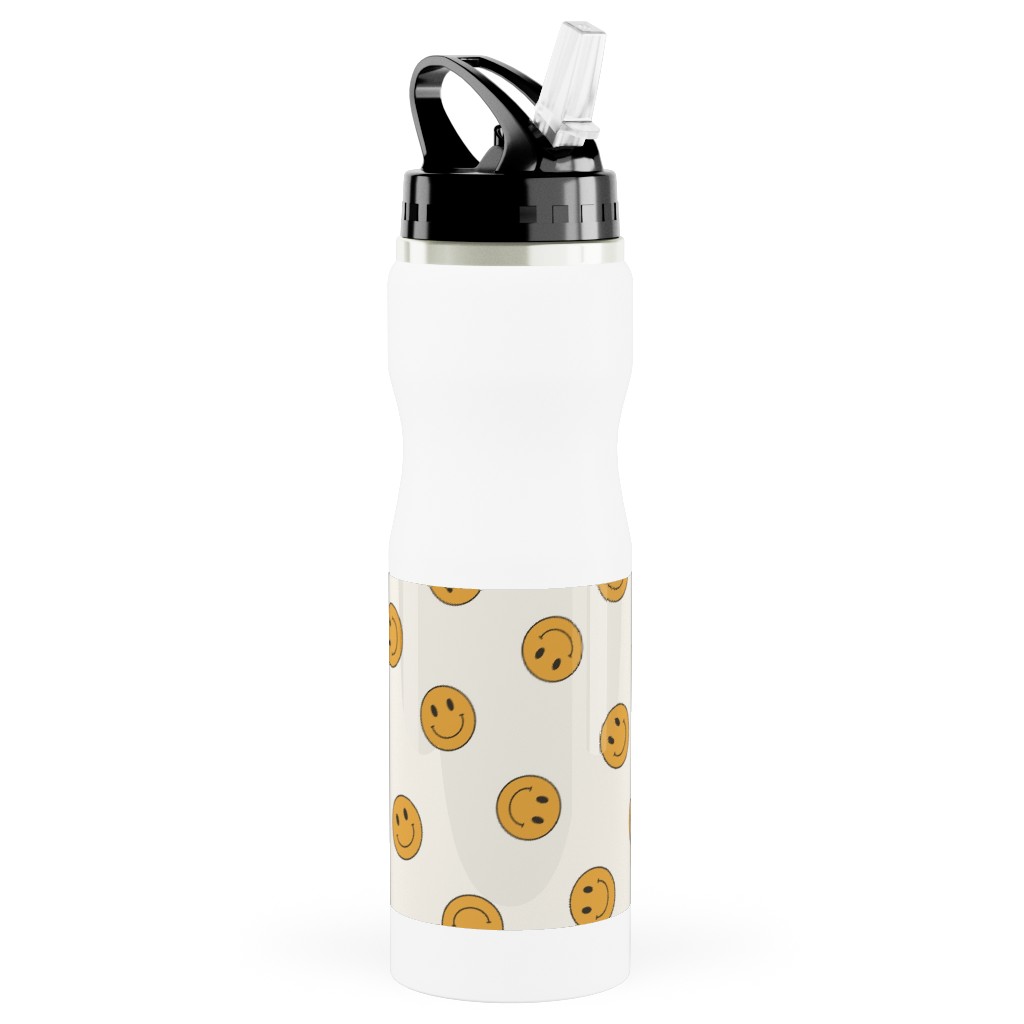 Retro Smiley Face - Cream and Yellow Stainless Steel Water Bottle with Straw, 25oz, With Straw, Yellow