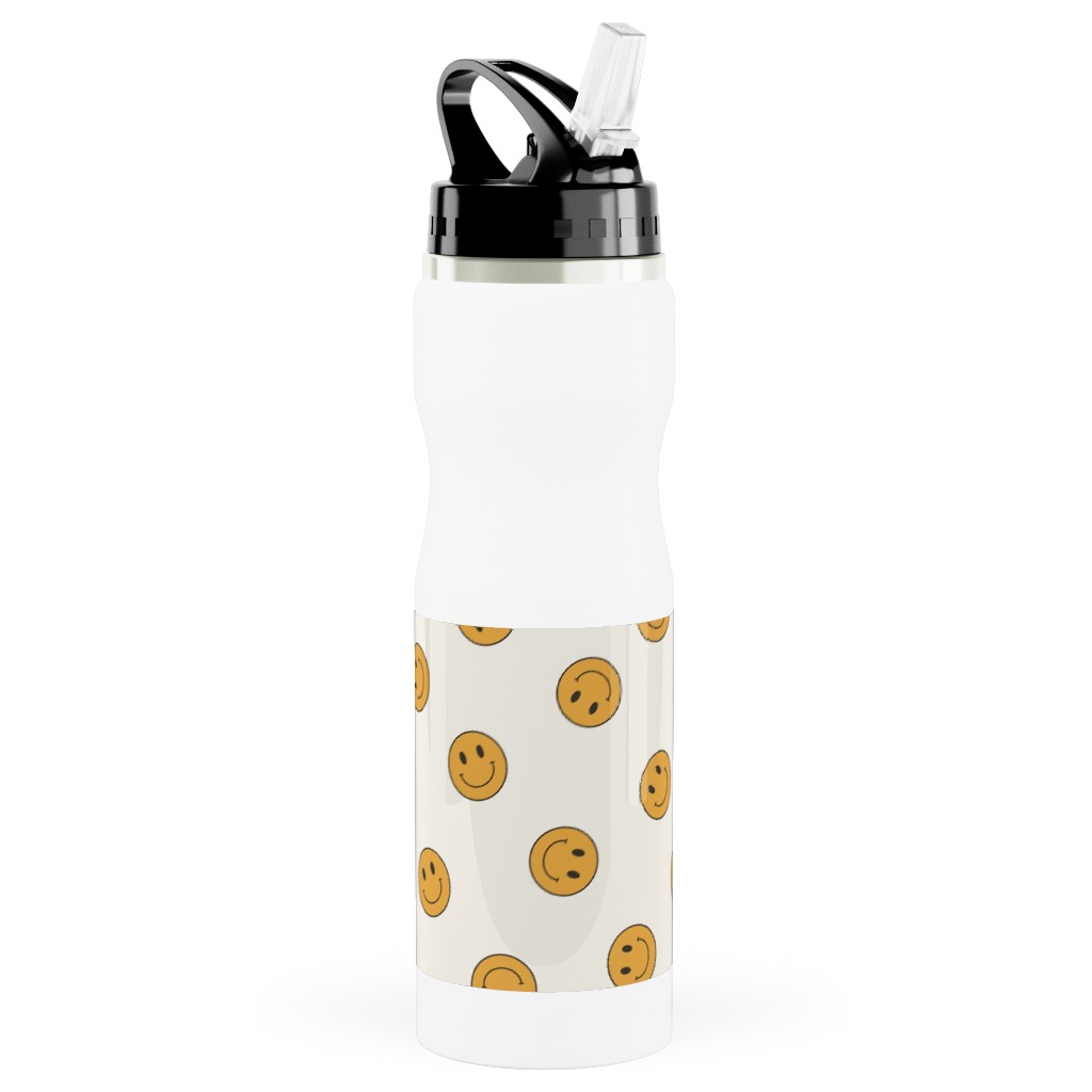 Retro Smiley Face - Cream and Yellow Stainless Steel Water Bottle with Straw, 25oz, With Straw, Yellow, Classic Yellow