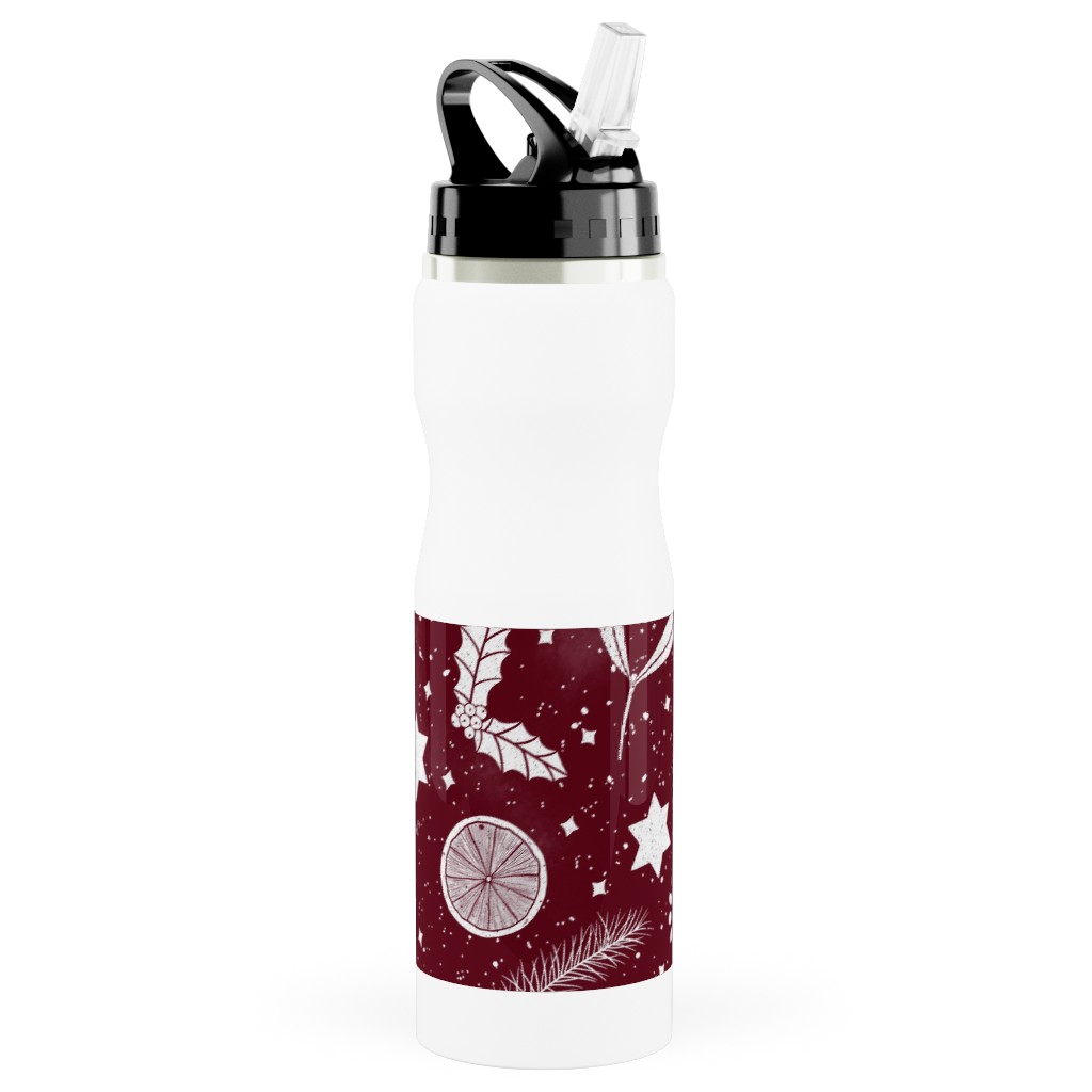 Festive Christmas Print Stars, Mistletoe, Orange, Holly and Pine Branch on Burgundy Stainless Steel Water Bottle with Straw, 25oz, With Straw, Red, Red